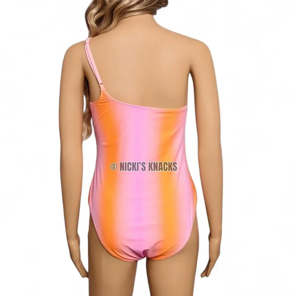 Kendall & Kylie One Shoulder Swimsuit Gradient Pink Orange Tie Dye Size L
